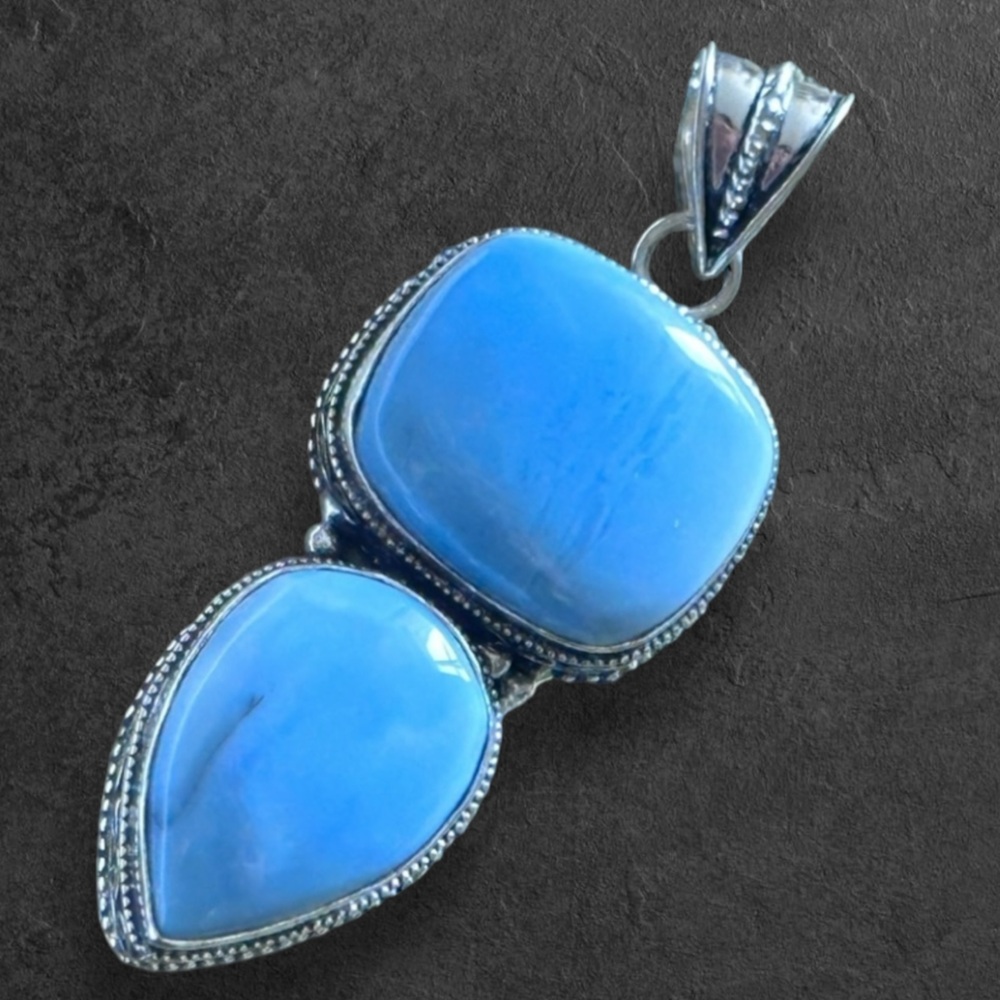 Hand crafted Artisan BLUE LARIMAR Stones Set in Ornate Silver Bezel Pendant